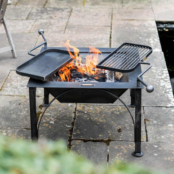 Box D Fire Pit with Two Swing Arm BBQ Racks